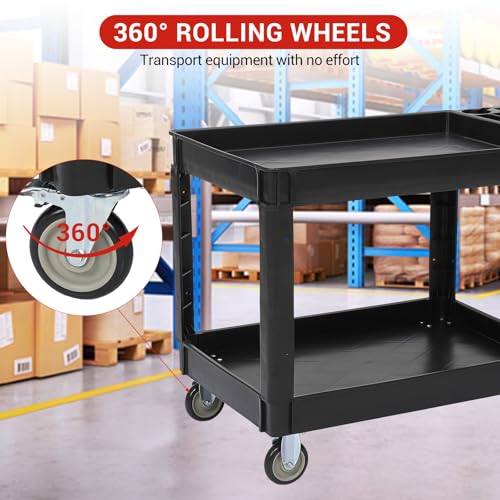Utility Service Cart with Wheels and Two Trays, Service Cart 2-Shelf 500lbs, Rolling Utility Cart for Warehouse/Garage/Cleaning/Manufacturing, 2 Tier Heavy Duty Uline Tool Cart, 45"X25", Black - color: Black