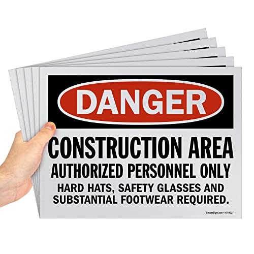 SmartSign 5-Pack 9" x 12" 'Construction Area, Authorized Personnel Only, Hard Hats/Safety Glasses Required' OSHA Signs, Screen Printed, 10 mil Polystyrene Plastic, Red/Black/White, USA-Made