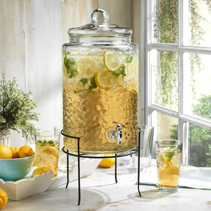 3 Gallon Glass Drink Dispenser with Metal Stand & Lid – Hammered Beverage Dispenser with Leakproof Spigot, Wide Mouth for Easy Fill – Ideal for Parties, Lemonade, Iced Tea, Sangria & More - color: Clear - 3 Gallon