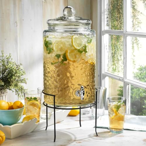 3 Gallon Glass Drink Dispenser with Metal Stand & Lid – Hammered Beverage Dispenser with Leakproof Spigot, Wide Mouth for Easy Fill – Ideal for Parties, Lemonade, Iced Tea, Sangria & More - color: Clear - 3 Gallon