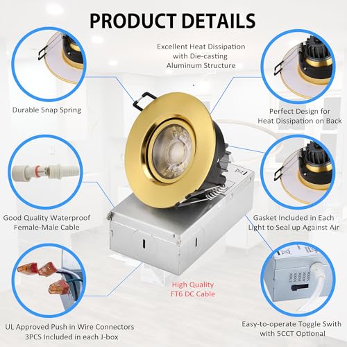 POPANU 3 Inch Gimbal LED Recessed Lights 6 Pack,Adjustable Downlight, Gold - color: Gold, size: 3 Inch