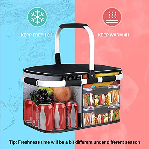 LIQING 35L Large Picnic Basket 2 Layers of Internal Pockets Leak-Proof and Insulated ，Folding with Internal Support for enhansed Stability, Wedding Gifts for Couple(Black) - color: Black
