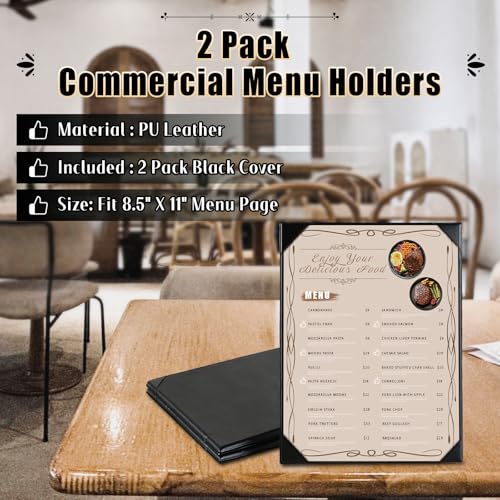 2 Pack Restaurant Menu Covers Holders 8.5" X 11", Single View Synthetic Leather Menu Holder Covers Book Style with Angled Corners Black for Wine List, Menu Sleeves Home Use (2, 1 Page) - size: 1 Page