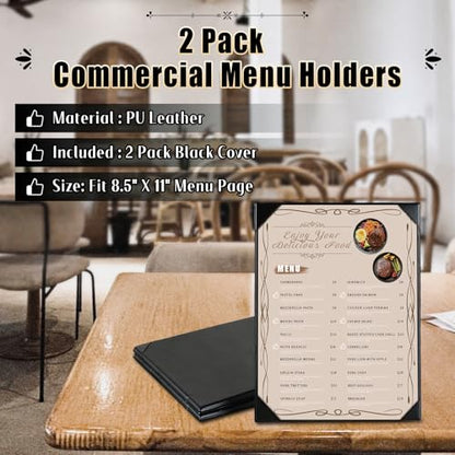 2 Pack Restaurant Menu Covers Holders 8.5" X 11", Single View Synthetic Leather Menu Holder Covers Book Style with Angled Corners Black for Wine List, Menu Sleeves Home Use (2, 1 Page) - size: 1 Page