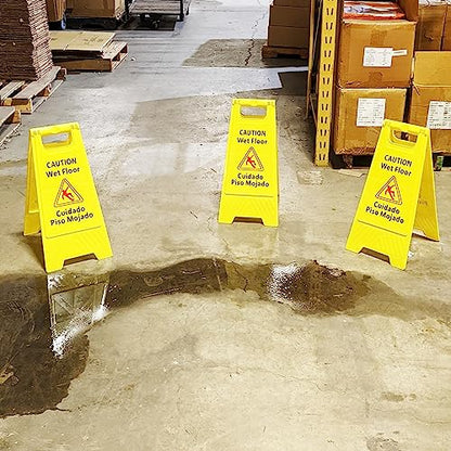 3 Pack CAUTION Wet Floor Signs - Bilingual (Cuidado Piso Mojado), 2 Feet Tall, Double Sided, High Visibility Yellow Color, Fold-Out Standing Signs, Portable with Carrying Handle - SciencePurchase