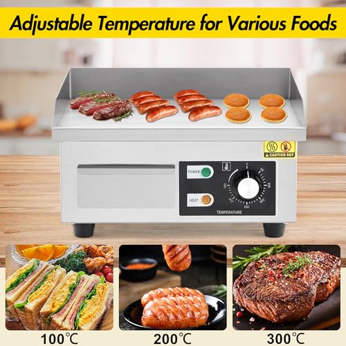 1500W Commercial Electric Griddle – Non-Stick Stainless Steel Flat Top Teppanyaki Grill with 122℉-572℉ Adjustable Temp, 2 Shovels & 2 Brushes for Home & Restaurant - size: 12x14
