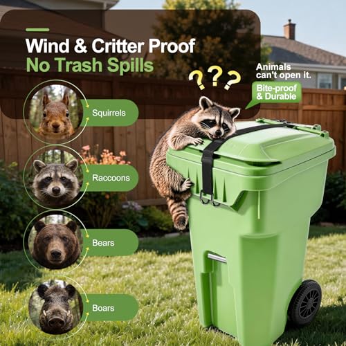 Trash Can Lid Lock Strap for Raccoons & Animals, Outdoor Garbage Can Lock with Double-Claw Hooks, Adjustable for 28-96 Gallon Bins, Windproof
