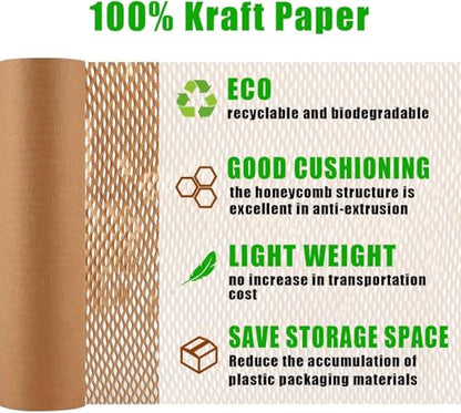 Honeycomb Packing Paper, 15"x230' Eco Friendly Packing Materials for Shipping Breakable Recyclable Moving Supplies Paper Bubble Wrap Sheets Roll with 20 Fragile Sticker Labels - size: 15" x 230'
