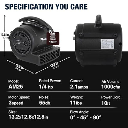 MOUNTO 1/4hp 1000CFM 2 Speed Air Mover Carpet Dryer Floor Fan Cooling Fan (Black) - color: Black