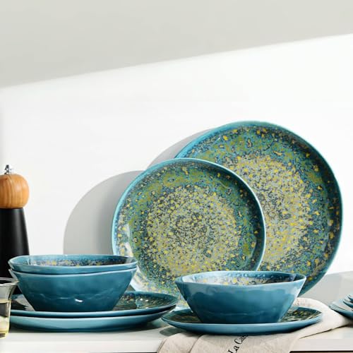 Melamine Dinnerware Set of 12Pcs,Camping Dinnerware, Dishwasher safe Lightweight Unbreakable Dishes Set for Patio, RV, Rustic Farmhouse Dinner Plates - color: Rusty farmhouse