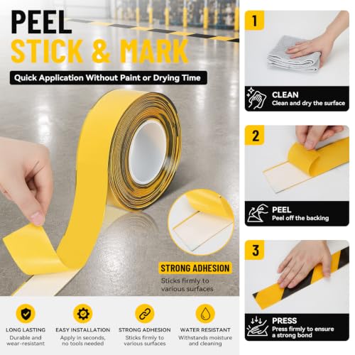 Heavy‑Duty Vinyl Floor Marking Tape Yellow Black 2 in x 33 FT 1.1mm Thick - size: 2 in x33 FT