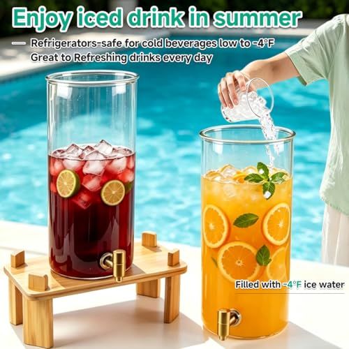 2 Gallon 2 PCS (4 gallon) Beverage Dispenser With Bamboo Wood Stand,Large Glass Drink Dispenser for Parties,Large Water Dispensers with Spigot,Juice Containers & Water Pitcher,Lemonade Dispenser
