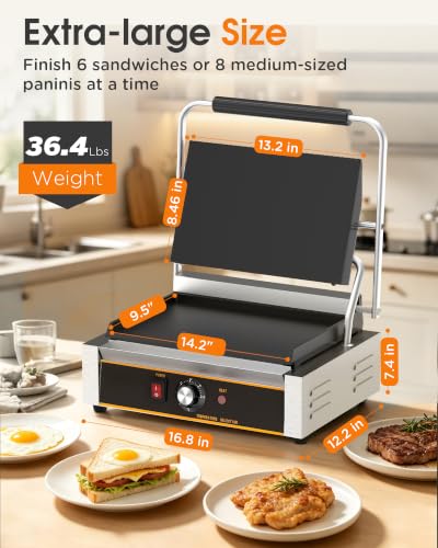 Commercial Panini Press - 2200W Electric Panini Sandwich Grill w/Nonstick Coating & Adjustable Temp, Stainless Steel, Panini Grill Press w/14"x9" Cooking Pan (Full Flat),Double-sided Heating - style: 14"x9" Smooth Plates