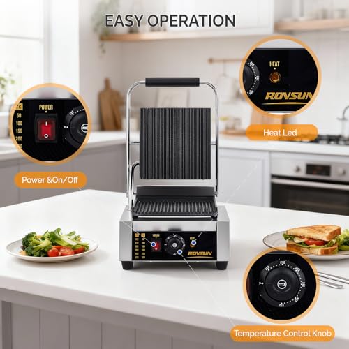 Bonnlo 811 Commercial Sandwich Make, 1800W Stainless Steel Countertop Panini Press Grill with Adjustable Temp 122°F–572°F, For Steak, Burgers, Home & Restaurant Use, 110V, Silver - size: 12"D x 12.2"W x 8"H
