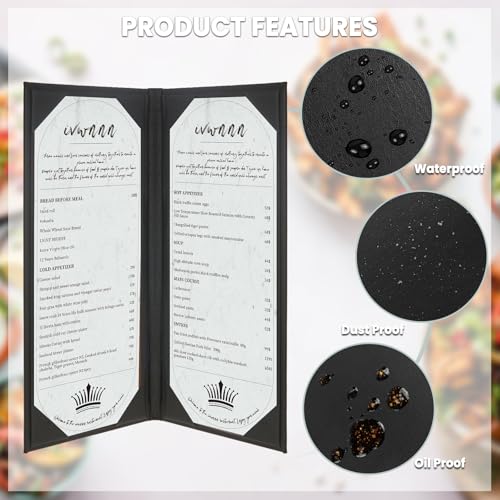 4.25'' x 11'' Menu Covers 6 Pack Black PU Leather Menu Holders Book Style with Angled Corners Double View Menu Sleeves Easy-Insert Design Waterproof for Bar Cafe Restaurant Menu Covers - size: 2 View, 6 Pack