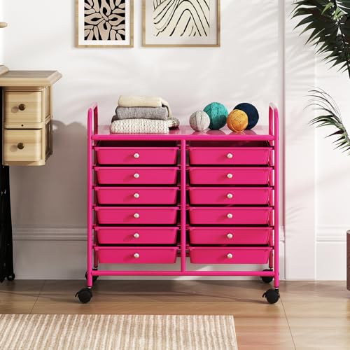 RELAX4LIFE 12-Drawer Rolling Storage Cart - Mobile Utility Cart on Wheels for School Classroom Teacher Office Salon, Paper File Art Supply Craft Organizer, Rolling Cart with Drawers (Hot Pink) - color: Hot Pink, size: 24.5''