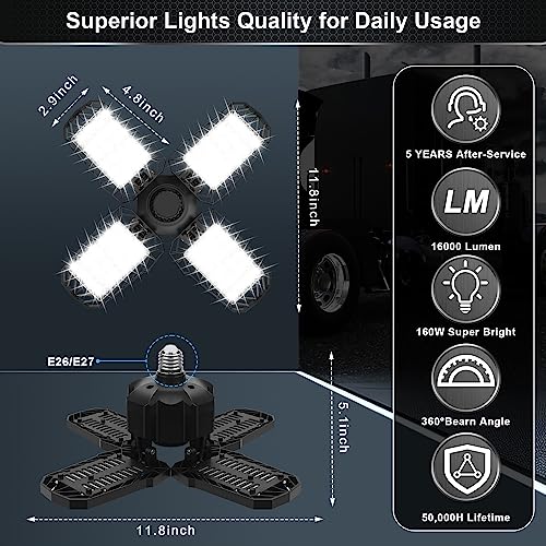 4 Pack LED Garage Light, 150W 15000LM 6500K LED Shop Lights, Garage Lights Ceiling Led with 4 Deformable Panels, Screw in E26/E27 Bulb Socket for Warehouse, Basement, Attic, Barn, High Bay Lighting - size: 150W-4PACK