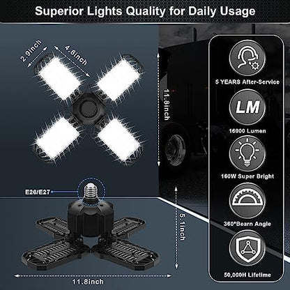 4 Pack LED Garage Light, 150W 15000LM 6500K LED Shop Lights, Garage Lights Ceiling Led with 4 Deformable Panels, Screw in E26/E27 Bulb Socket for Warehouse, Basement, Attic, Barn, High Bay Lighting - size: 150W-4PACK