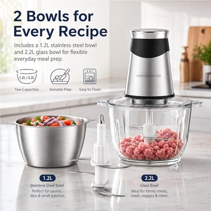 MEGAWISE 800W Electric Food Chopper, 2.2L Glass & 1.2L Stainless Bowls