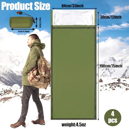 4 Pack Emergency Blanket Bivvy Bag - Waterproof Mylar Survival Sleeping Bag for Camping Hiking, Lightweight Thermal Bivy Sack, 74" x 33" x 12" Green Polyester Emergency Gear