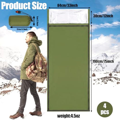 4 Pack Emergency Blanket Bivvy Bag - Waterproof Mylar Survival Sleeping Bag for Camping Hiking, Lightweight Thermal Bivy Sack, 74" x 33" x 12" Green Polyester Emergency Gear