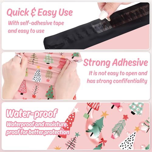 JarThenaAMCS 100Pcs Pink Christmas Poly Mailers 10 x 13 Inch Xmas Tree Packaging Bags Self Seal Mailing Envelope Bags for Winter Small Business Clothing Gift - style: pink xmas tree