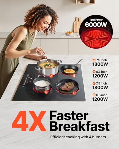 VEVOR LT4-77 Built in Electric Ceramic 23.2 x 20.5 inch Stove Top, 240V Glass Radiant Cooktop with Touch Control, Timer & Child Lock, 9 Power Levels for Simmer Steam Slow Cook Fry, 24IN 4-Burners - size: 24 IN-4 Burner+Touch Control