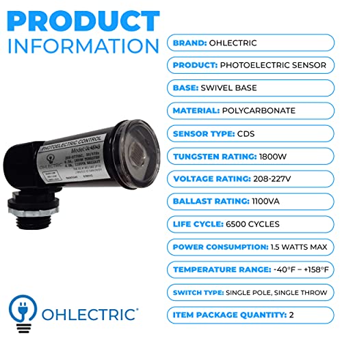OhLectric Photoelectric Sensor - 208-227V Swivel Type Photoelectric Switch - 1800W Tungsten Rating - UL Listed & Weatherproof - Dusk to Dawn Photocell Sensor for Outdoor Lighting, Pack Of 2 - OL-45149 - size: 208-227V Swivel Type