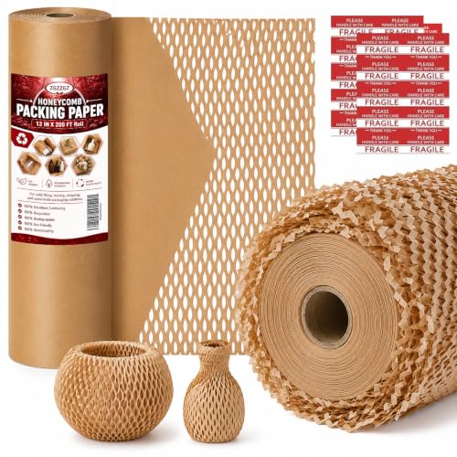 Honeycomb Packing Paper, Bubble Cushioning Wrap Alternative for Moving & Gift Wrapping, Includes 20 Fragile Sticker Labels (12Inchx100Feet) - size: 12Inchx100Feet