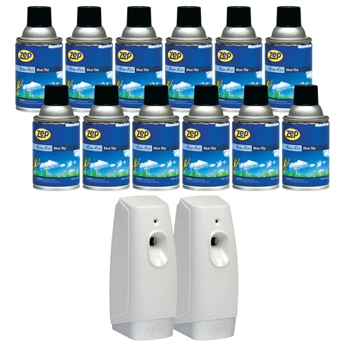 Zep Metered Mist Blue Sky Air Freshener Refill (Case of 12) with Meter Mist 3000 Ultra Dispenser (2 Pack) - 336201 - Lasts Up To 30 Days and Neutralizes Tough Odors