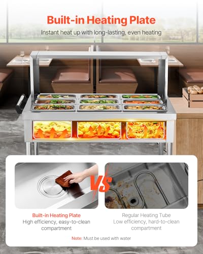 VEVOR 9-Pan Commercial Food Warmer, 9 x 1/3 Pans Electric Steam Table, 1500W Professional Buffet Catering Food Warmer with Shield Undershelf Wheels, Stainless Steel Server for Party Restaurant - size: 9-Pan