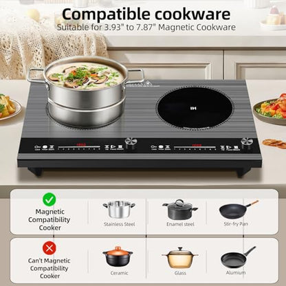 2 burner induction cooktop,110V 3000W 2 burner induction plate with Brushed Panel LED Knob Control, induction stove top with 9 Power Levels, Kids Lock & Timer,24 Inch double induction cooktop - size: 2 Burner induction Cooktop