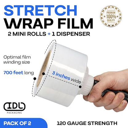 IDL Packaging 3" x 700' Stretch Wrap Mini Rolls, 120 Ga (2-Pack) - USA-Made - size: 3" Rolls + Handle, style: 700' Length, 120 Gauge