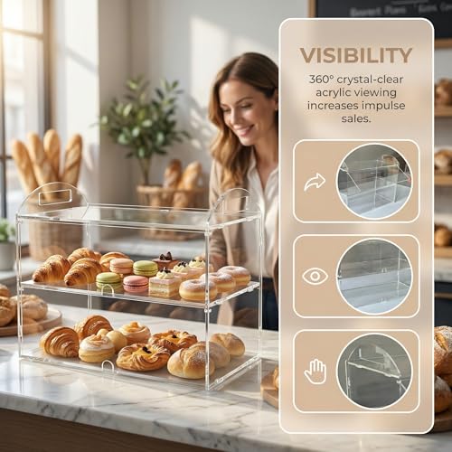 Cupcake Display Case with Handle – 19x 9.5x 11.8″ Commercial Bakery Showcase –Large bread box Transparent Acrylic Food Display for Desserts, Donuts, Cakes, Pastries – Easy to Clean & Assemble - size: 2 Tiers