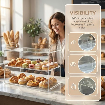 Cupcake Display Case with Handle – 19x 9.5x 11.8″ Commercial Bakery Showcase –Large bread box Transparent Acrylic Food Display for Desserts, Donuts, Cakes, Pastries – Easy to Clean & Assemble - size: 2 Tiers