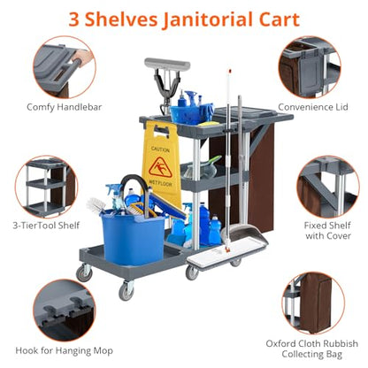CABIHOME Commercial Janitorial Cleaning 3-Shelf Cart on Wheels, 300 lb Capacity, Custodial Cart Housekeeping Carts with Cover and 25 Gal Vinyl Bag, 22" D x 51" W x 37" H, Gray
