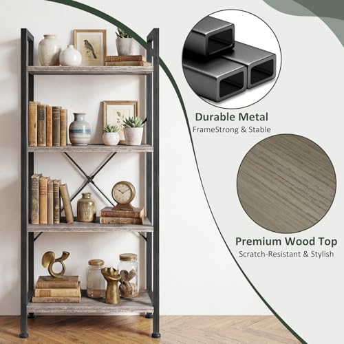 4 Tier Bookshelf, Free Standing Bookcase with Open Storage Shelves - color: Grey Wood, size: 4 Tier
