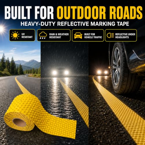Raised Reflective Pavement Marking Tape, Slip-Resistant Durable Heavy-Duty Rubber Base for Outdoor Use, Ideal for Driveways, Walkways & Parking Areas (Yellow, 4 Inch x 75 Feet) - size: 4 Inch X 75 Feet