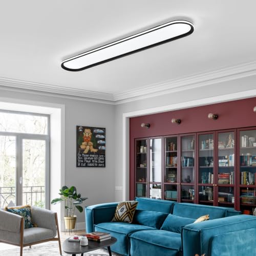 ADISUN Modern LED Ceiling Light Dimmable Linear Ceiling Light 47in Semi Flush Mount Long Lights with Remote Control and Side Lighting for Living Room Kitchen Dining Room (65W) - color: Black-1Pack, size: 47 Inch