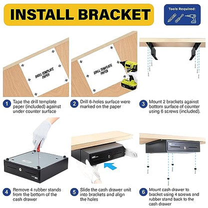 HK SYSTEMS 13" Heavy Duty Black "Push" Open Cash Drawer, 4B5C with Under Counter Mounting Metal bracket - size: 1. 13" Push Black