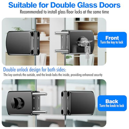 Ranbo No-Drill Double Glass Door Lock with Key for Swing Door, Four-Bolt - color: LE-201B Brushed Black