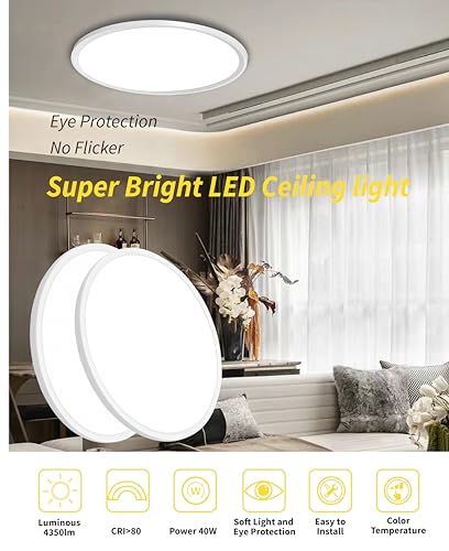 1Pack 20 Inch Large LED Flush Mount Ceiling Light, 40W,4350LM, 3000K/4000K/6000K CCT Selectable,White Round Flat Panel Light Low Profile Ceiling Light Fitures for Hallway, Kitchen, Bedroom, Office - color: White, size: Wall Switch Control-20Inch-1Pack