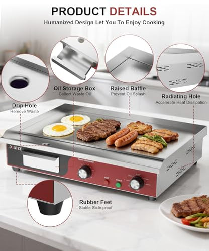 22" Commercial Electric Griddle 1500W, Flat Top Grill with 5-Min Reminder Timer, Adjustable Temp Control (122°F-572°F), Stainless Steel Countertop Griddle for Restaurant & Home Kitchen - size: 22"