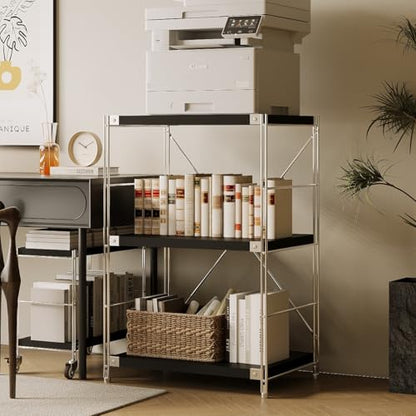 3-Tier Industrial Bookshelf, Wood and Metal Shelf Unit, Storage Bookcase - color: Black, size: 3T24IN