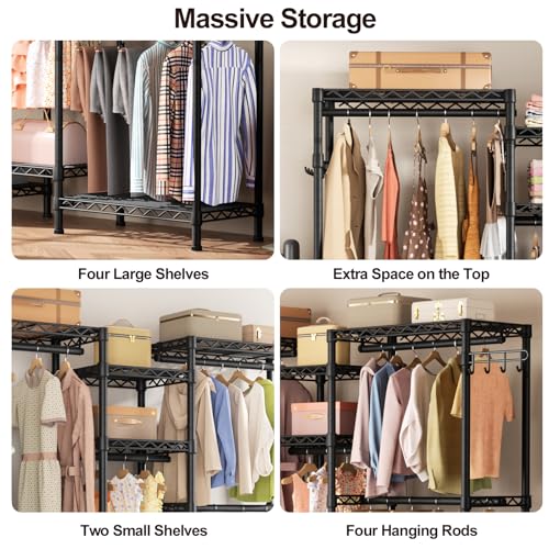 Golpart Heavy Duty Clothes Rack Metal Wardrobe with Adjustable Wire Shelves - color: Black, size: 15.75"D x 77.5"W x 77"H