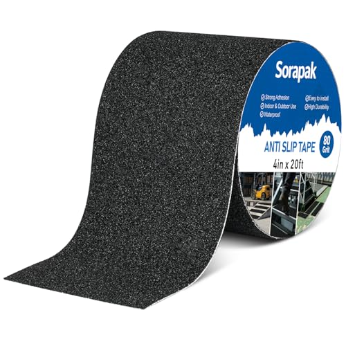 Black Anti Slip Tape 4in x 20ft, 80 Grit Waterproof Non Skid Grip Tape Roll for Ramps, Decks, Boat Decks, Warehouse Floors, Garages, Indoor & Outdoor Use - size: 4'' x 20 FT