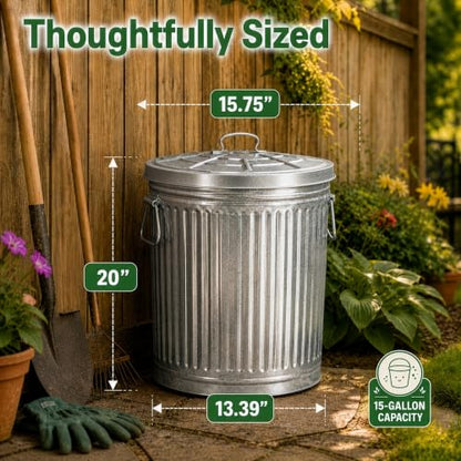 Gardenised Round Galvanized Steel 15 Gallon Trash Can with Lid and Handles Durable Metal Storage Bucket for Backyard Lawn Garden and Yard Use Weather-Resistant Garbage Can for Indoor and Outdoor - size: 15 Gallons