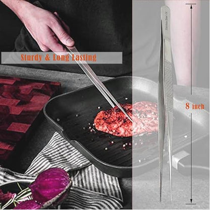 Professional Culinary Stainless Steel Precision Tongs with Serrated Tips, Plating/Food Presentation Detailing Serving Tongs, Chef's Kitchen Tweezer Tongs - Ultra Non-Slip Grip (8" STR Slim) - size: 8" Straight Slim
