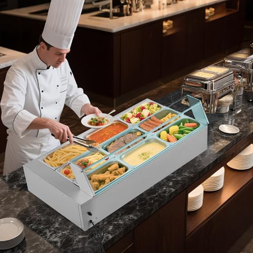 VEVOR Commercial Food Warmer, 1500W Electric Stainless Steel Steam Food Warmer with Glass Cover, 9-Pan Countertop Buffet Bain Marie with Soup & Perforated Ladles, for Catering, Restaurant & Party - size: 9x1/3Pan;72QT