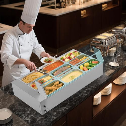 VEVOR Commercial Food Warmer, 1500W Electric Stainless Steel Steam Food Warmer with Glass Cover, 9-Pan Countertop Buffet Bain Marie with Soup & Perforated Ladles, for Catering, Restaurant & Party - size: 9x1/3Pan;72QT